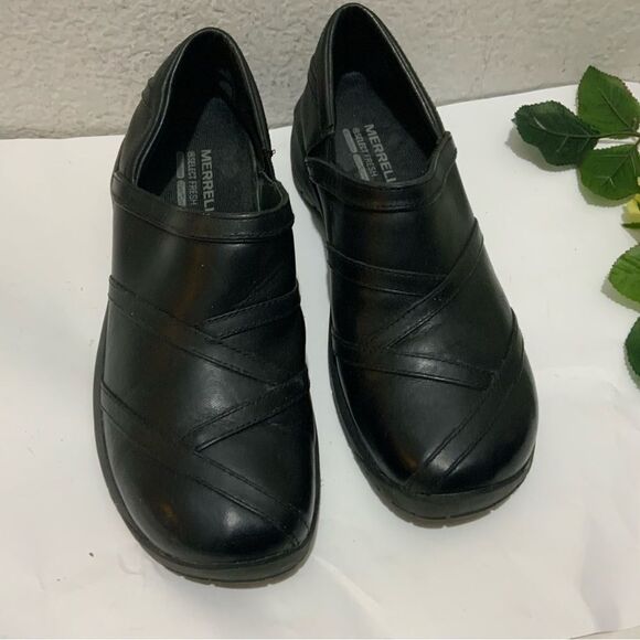 MERRELL Black Leather Select Fresh Air Cushion Mules Clogs 9.5 - Picture 1 of 10